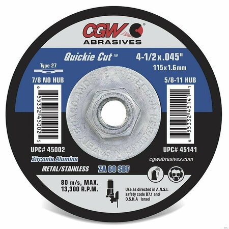 CGW ABRASIVES Quickie Cut General Purpose Thin Depressed Center Wheel, 4-1/2 in Dia x 0.045 in THK, 60 Grit, Zirco 45141